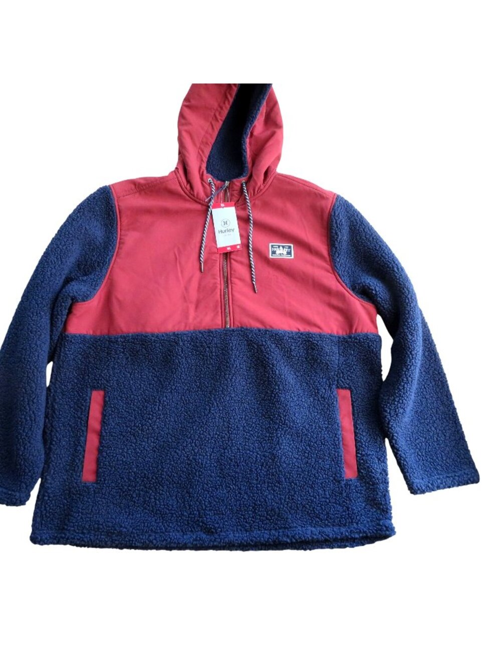 Hurley Pullover Jacket Mens XL Red Blue Hooded Sherpa Fleece Outdoor Warm NWT